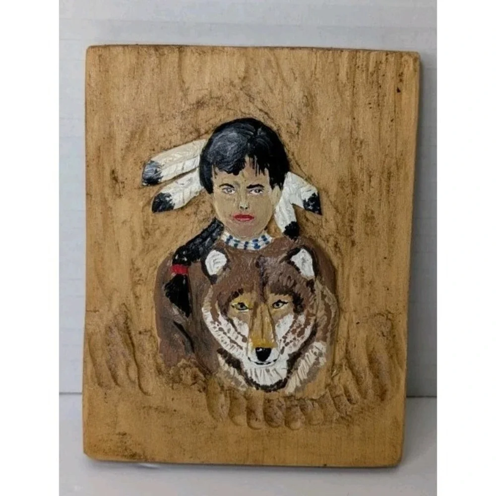 Hand Carved Wooden Plaque Native American Man Wolf Spirit Rustic Wall Art